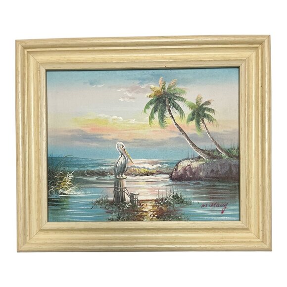 Vintage M. Harry Tropical Pelican Seascape Painting – Framed Canvas Art – 13x10 - Picture 1 of 4